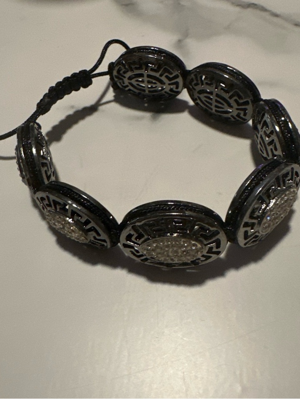Silver-Tone White Adjustable Medallion Bracelet Greek Style